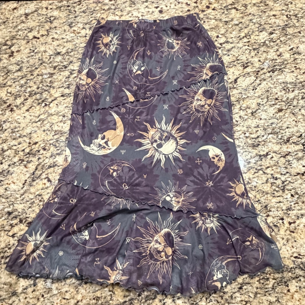 Cosmic Aura Celestial Sun Moon Skull Mesh Maxi Skirt Purple Witchy Boho Small